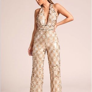 Gold Sequin Halter Jumpsuit with Low Back